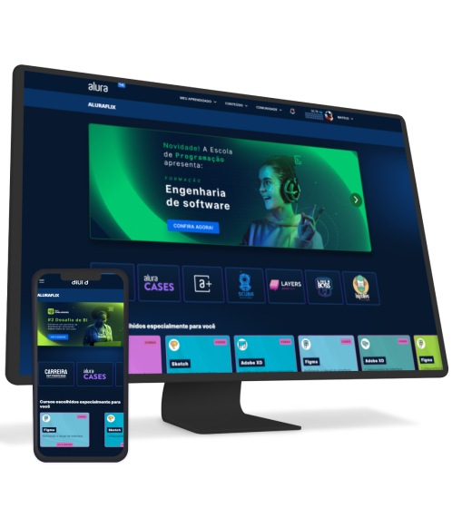 Um monitor e um celular com o alura plus aberto.